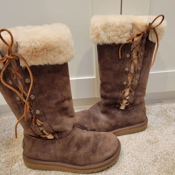 Women's UGG Australia Upside 5163 Suede Sheepskin Lace Up Tall Boots Size 6 - Picture 2 of 7